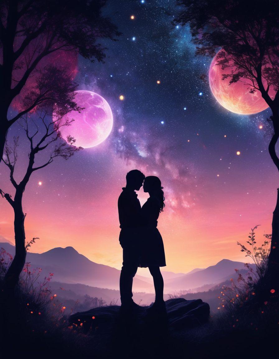A tender moment between two silhouetted figures under a starlit sky, surrounded by ethereal glowing orbs symbolizing Sarenki connections. The background features soft, blurred landscapes of diverse natural beauty, with hints of romantic elements like flowers and fireflies. The atmosphere should feel warm and inviting, evoking emotions of love and connection. dreamy and romantic. vibrant colors. soft focus.