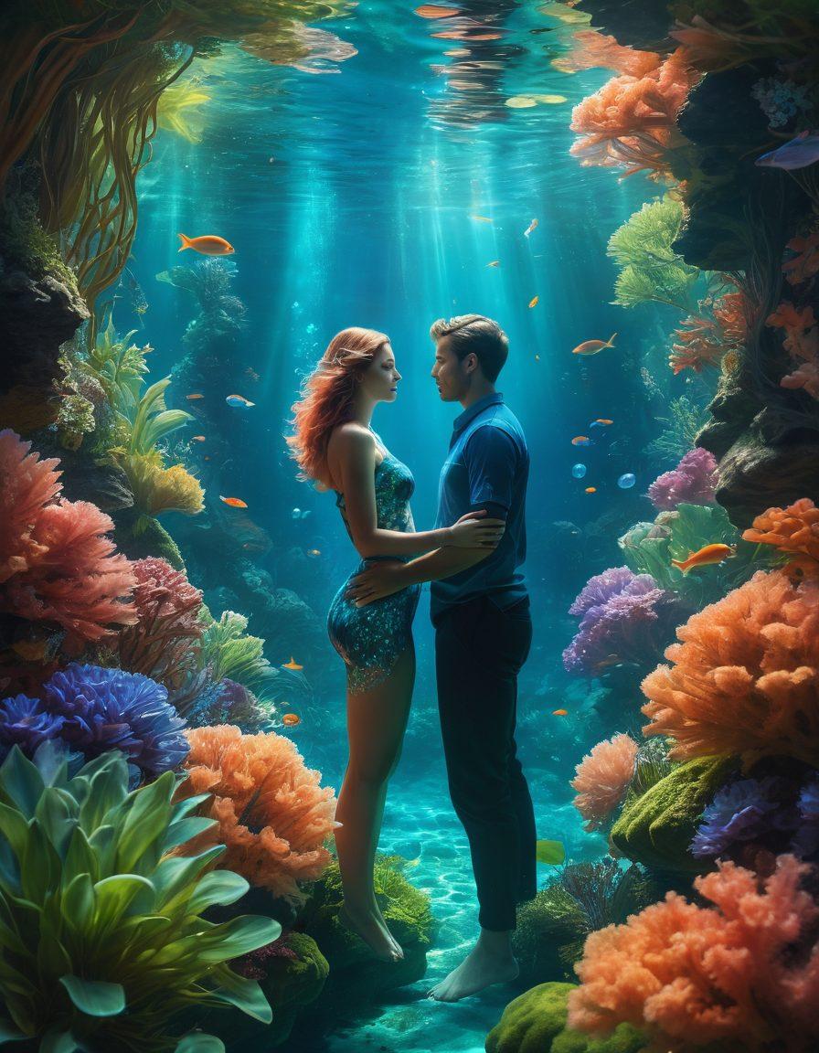 A serene underwater scene showcasing a couple embracing amidst colorful coral reefs, adorned with swaying aquatic plants, soft glowing fish swimming around them. The water is a mesmerizing blend of blues and greens, filled with bubbles that create a dreamy atmosphere. Sunlight filters through the surface, illuminating their faces with warmth and affection. The overall vibe is romantic and enchanting. vibrant colors. super-realistic. 3D.