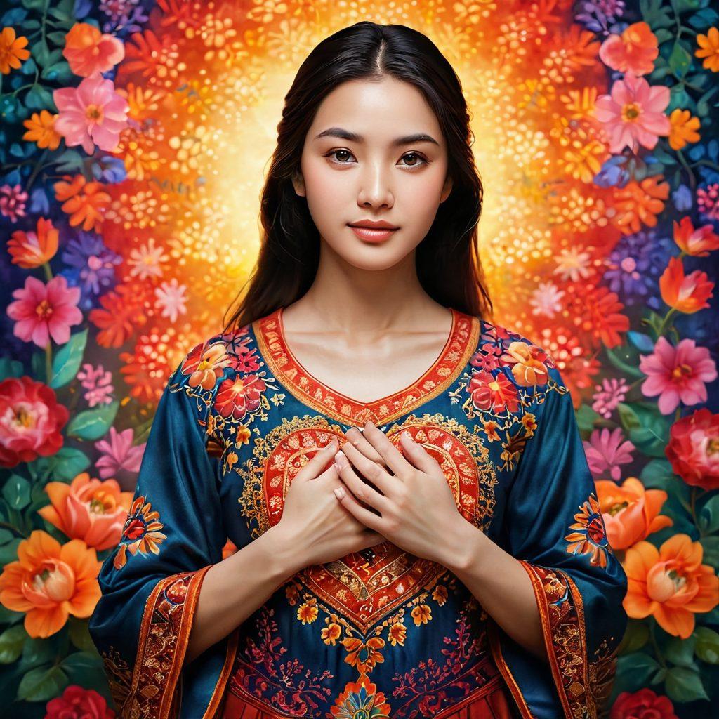 A warm, softly lit scene depicting a person with their hands over their heart, surrounded by vibrant floral patterns that symbolize devotion and passion. Include subtle elements of traditional art to reflect cultural significance, with a glowing heart motif in the background to emphasize emotional connection. A dreamy, ethereal quality enhances the heartfelt meaning behind the concept of 'Sarenki'. super-realistic. vibrant colors. gentle bokeh effect.